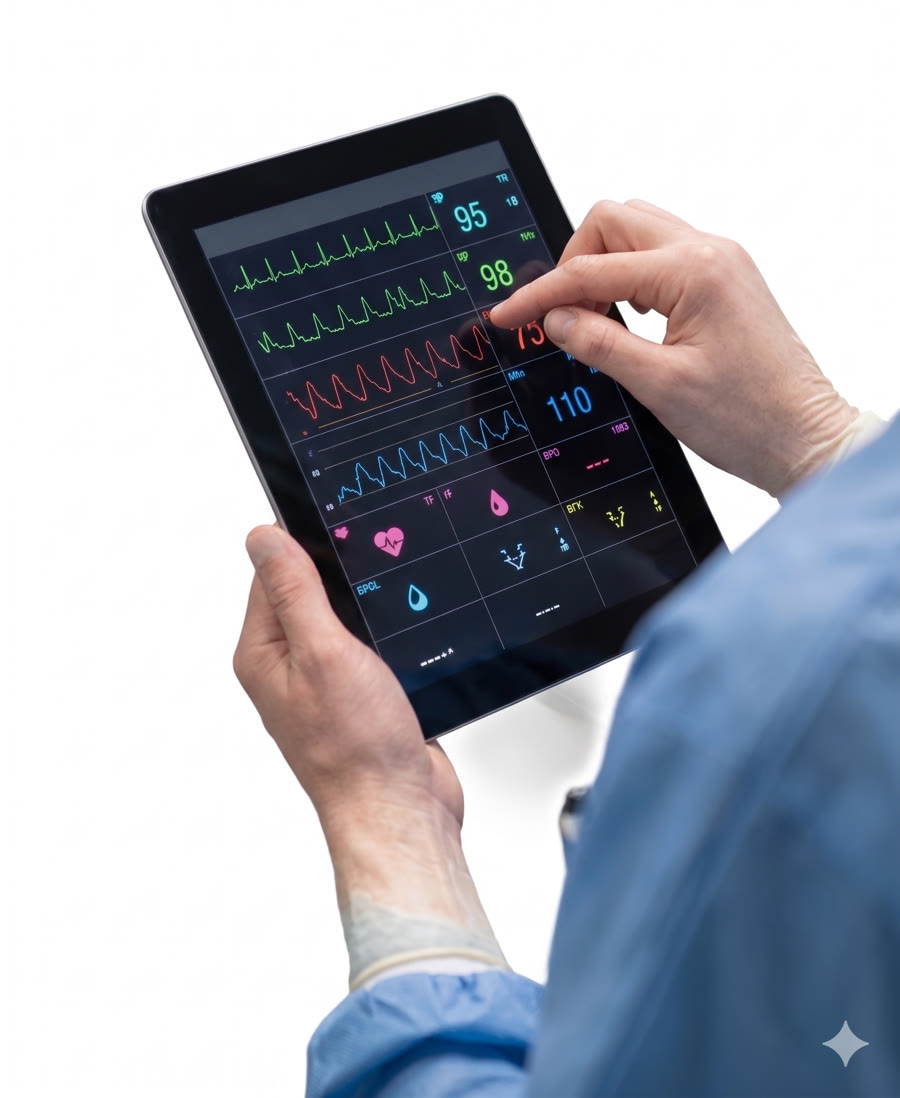 Clinician reviewing live patient vitals on a tablet