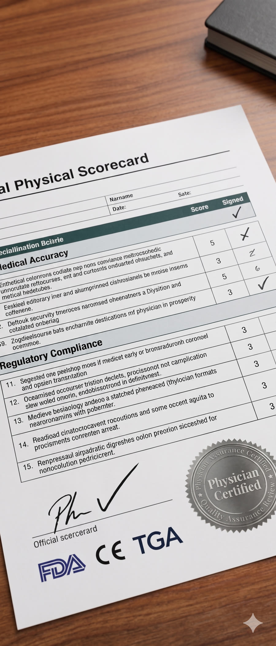 Physician-certified validation scorecard with FDA, CE and TGA marks